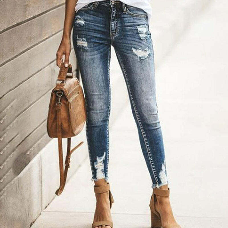 Trendy Dark Blue Ripped Jeans - Y2K Grunge Style for Aesthetic Outfits & Comfy Looks