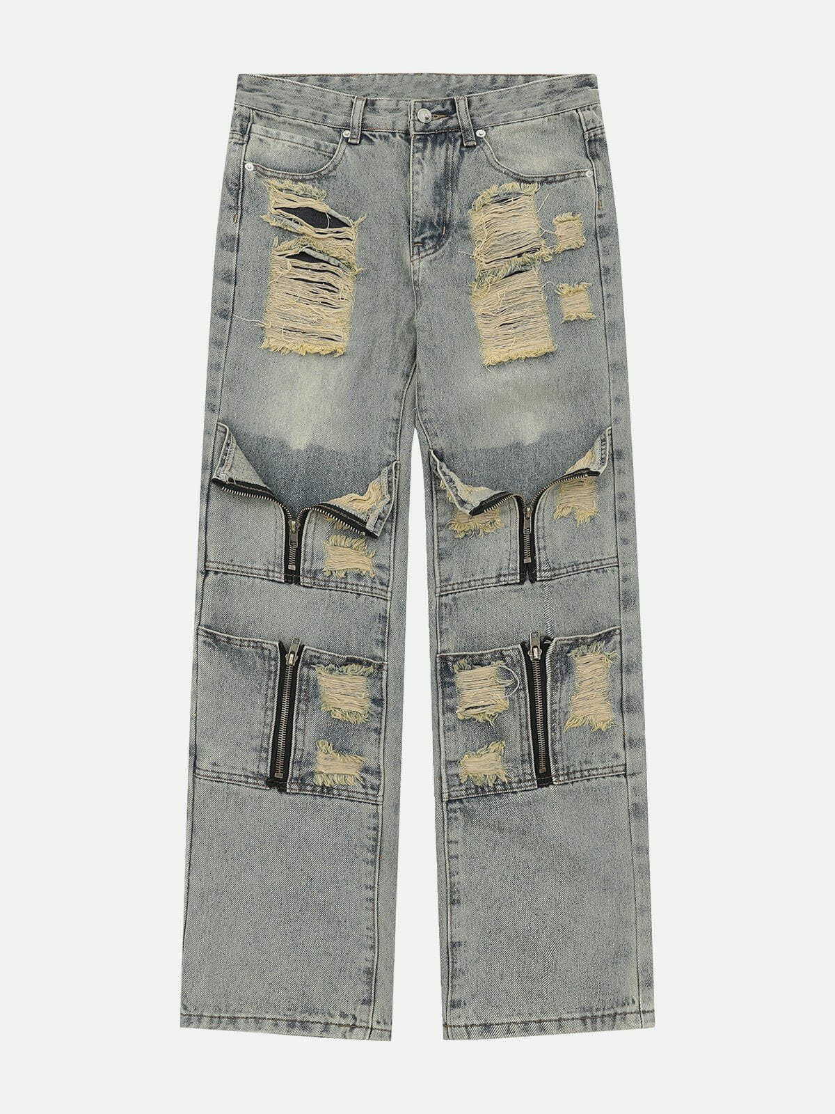 Trendy Multi Hole Zip Up Jeans for Y2K Fashion, Grunge Aesthetic & Coquette Style