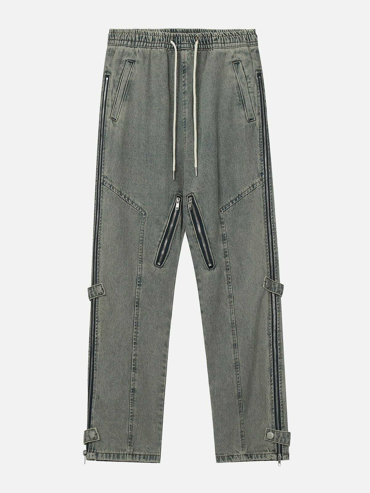 Trendy Multi Zipper Washed Jeans for Y2K Fashion, Grunge Aesthetic & Coquette Style