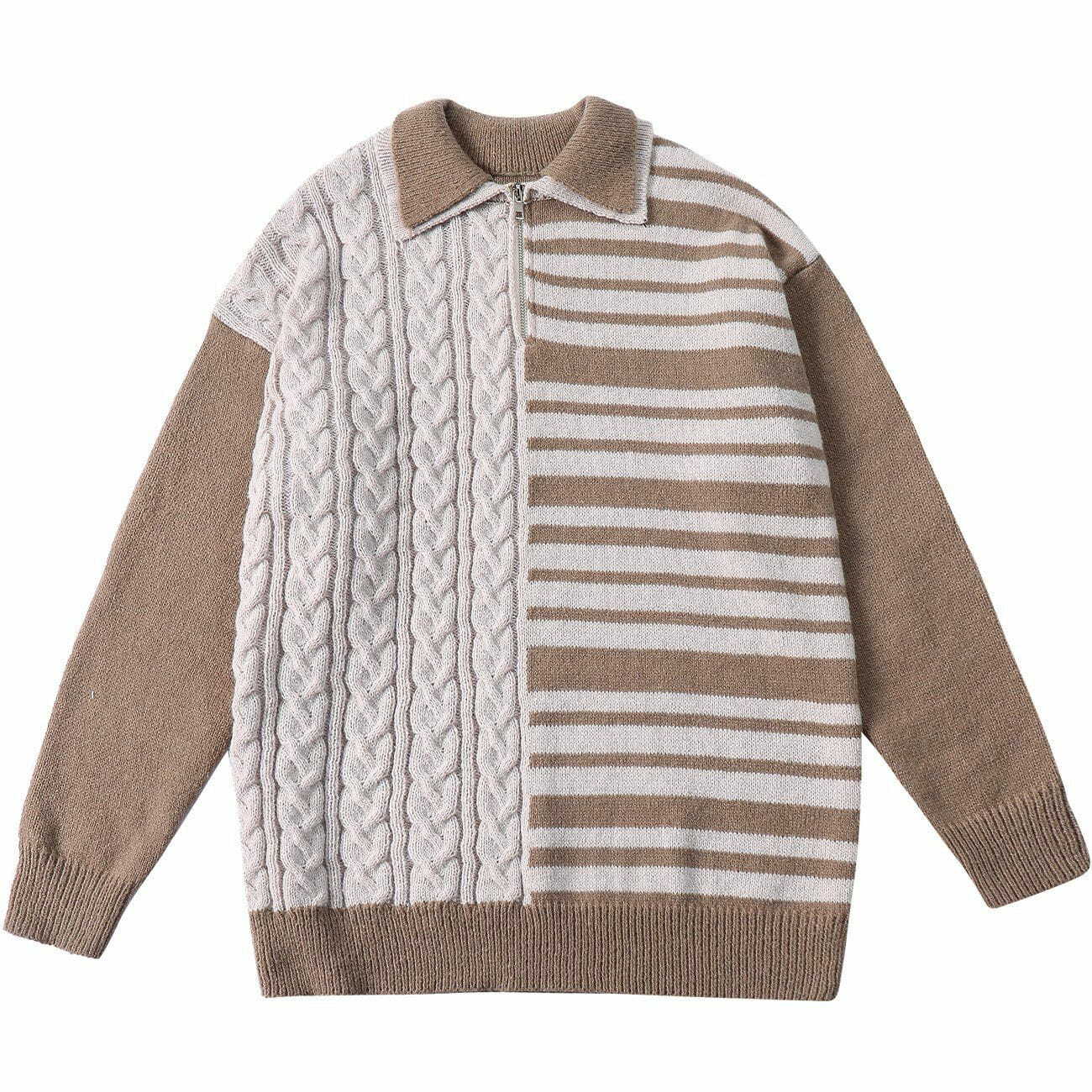 Trendy Panelled Striped Knit Sweater - Y2K Aesthetic, Coquette Style, Comfy Fall Fashion