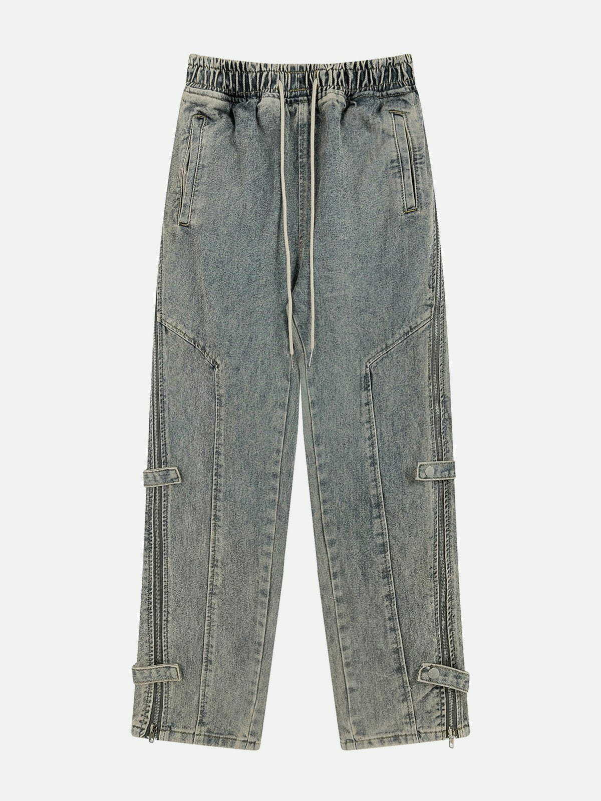 Trendy Side Zipper Drawstring Washed Jeans for Y2K Fashion & Grunge Aesthetic Lovers