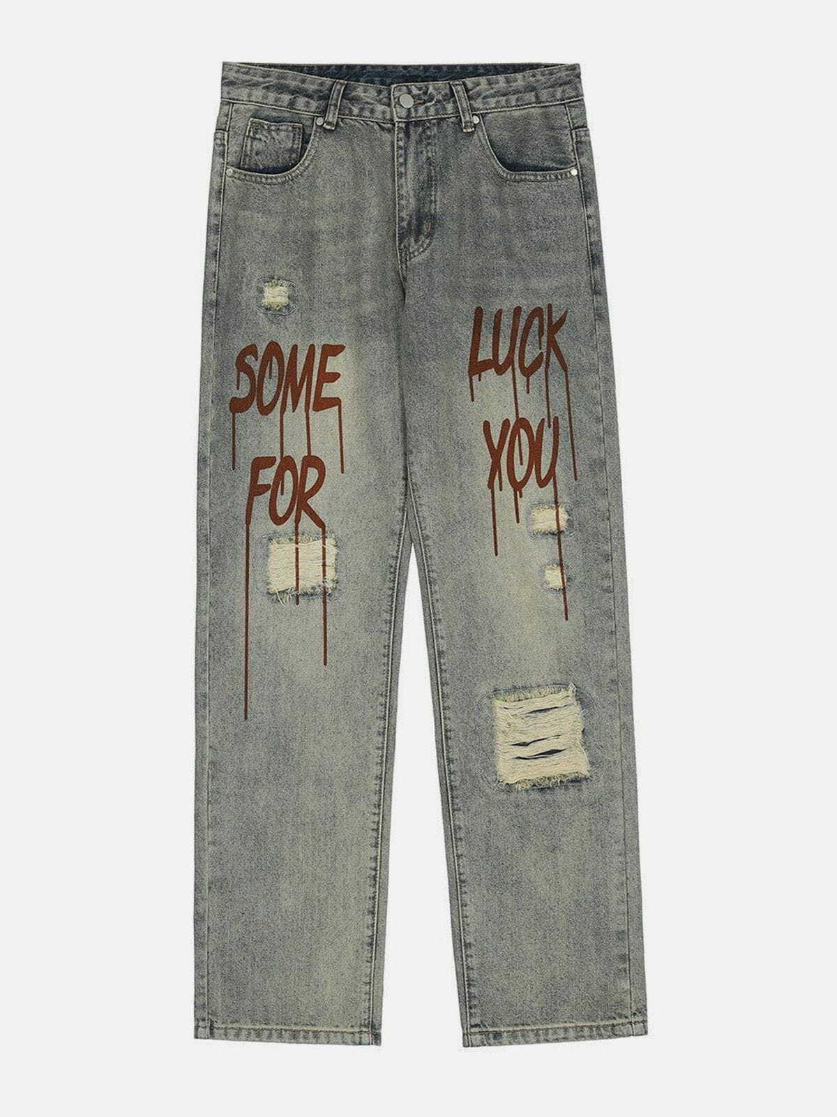 Trendy Y2K Fashion Broken Letters Jeans - Grunge Aesthetic & Coquette Style Denim