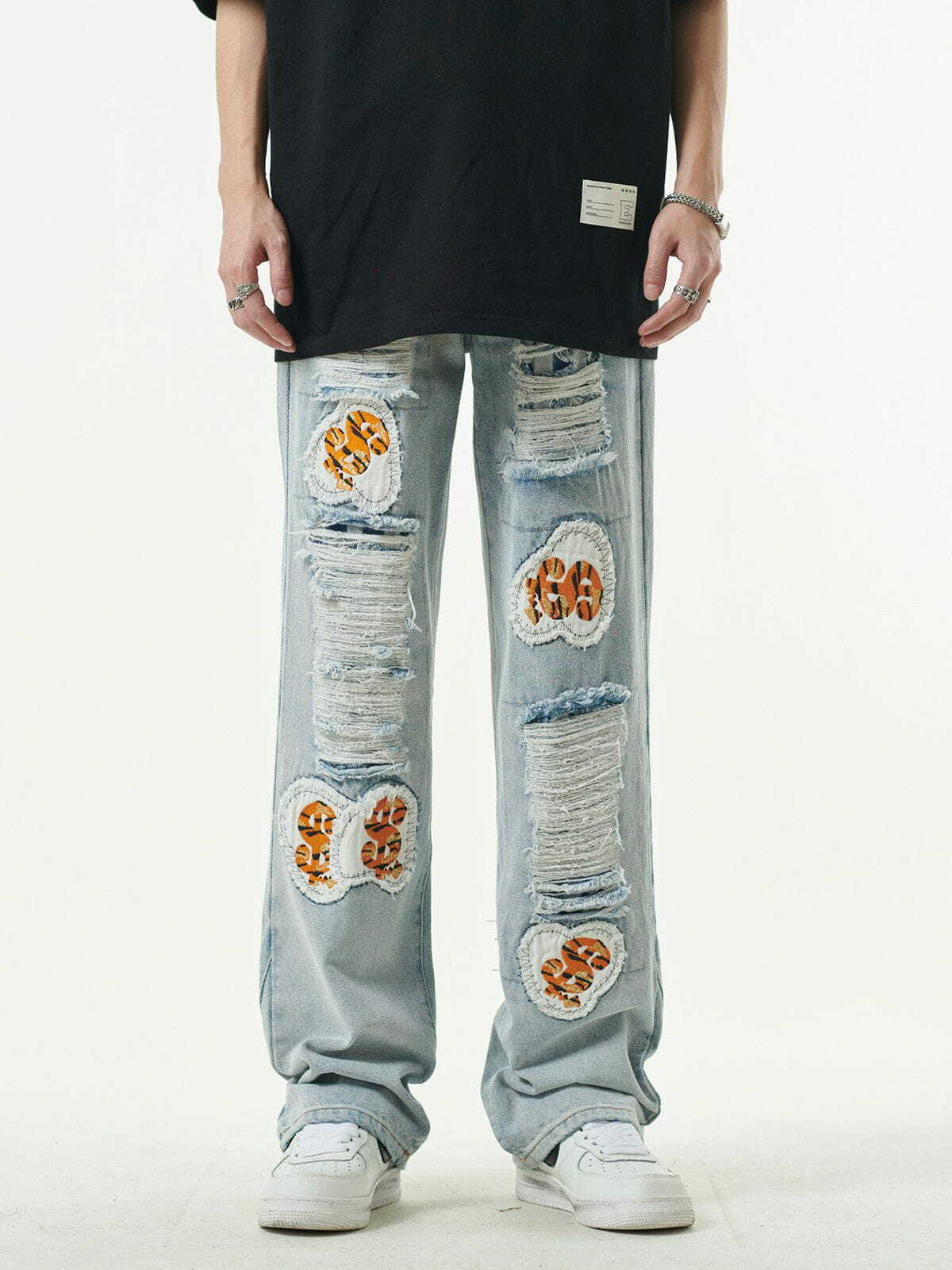 Trendy Y2K Fashion Letter Embroidery Holes Jeans for Grunge Aesthetic & Coquette Style