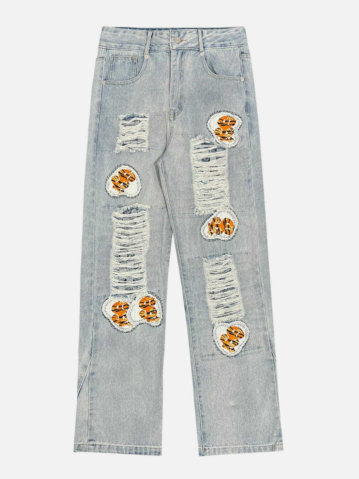 Trendy Y2K Fashion Letter Embroidery Holes Jeans for Grunge Aesthetic & Coquette Style