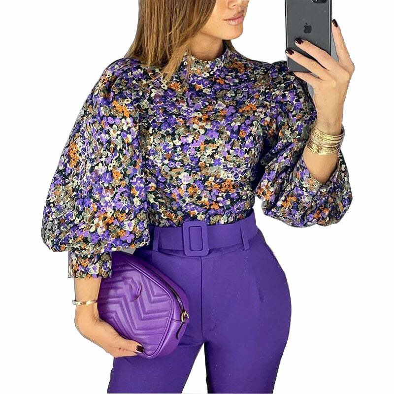 Trendy Y2K Floral Print Blouse - Coquette Aesthetic Top for Cute Outfits & Grunge Style