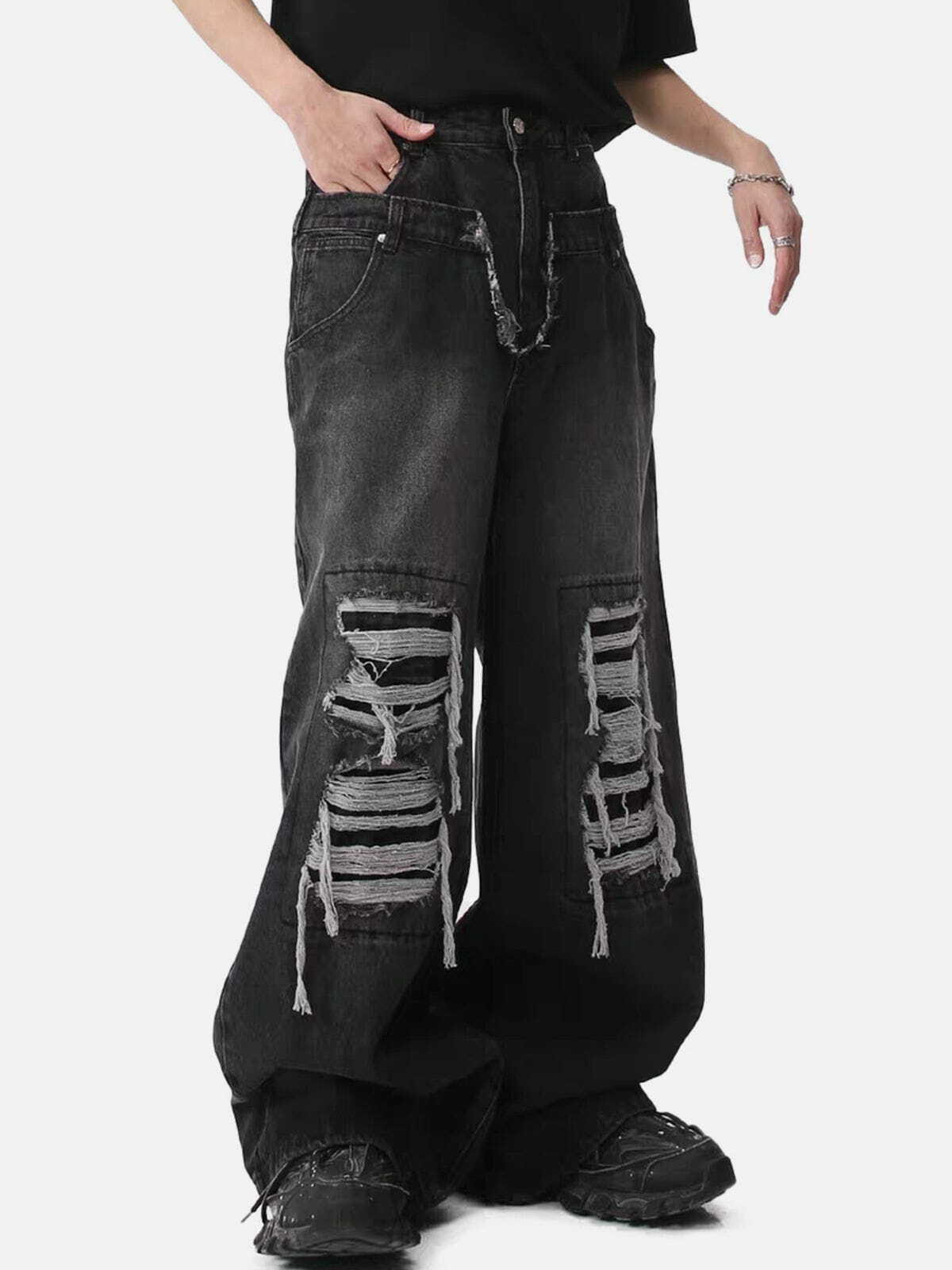 Trendy Y2K Grunge Style Broken Holes Jeans for Aesthetic Outfits and Comfy Looks