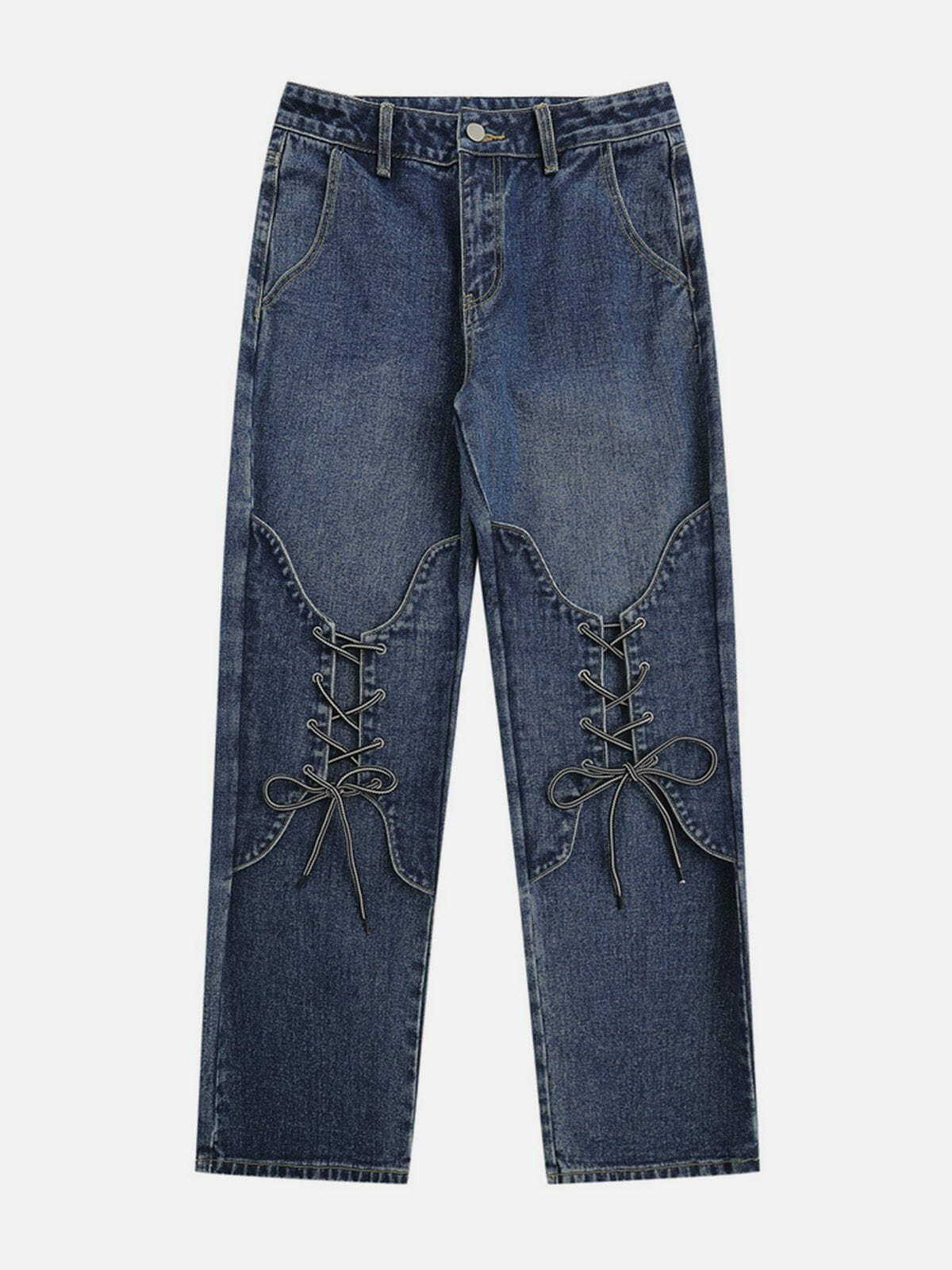 Trendy Y2K Lace-Up Jeans for Grunge Aesthetic & Coquette Style - Cute & Comfy Fashion