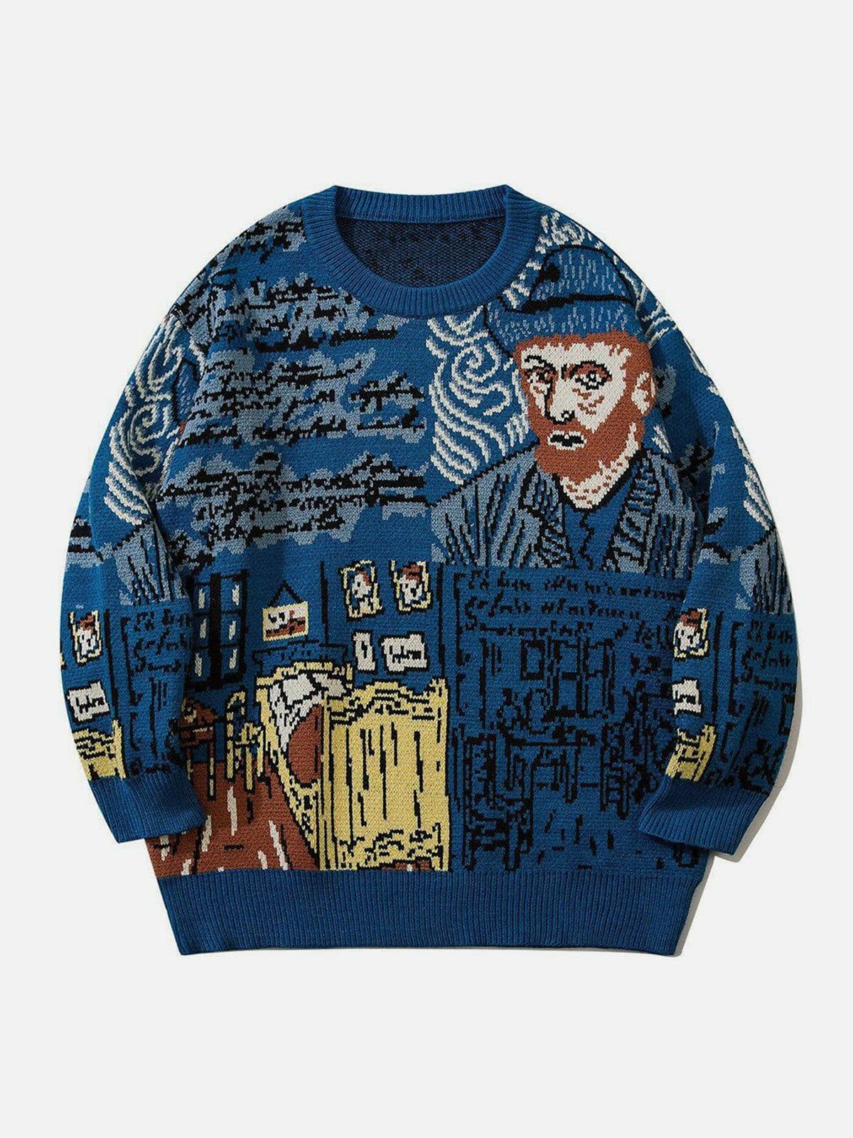 Van Gogh-Inspired Knit Sweater: Y2K Fashion Meets Cozy Aesthetic for Unique Style