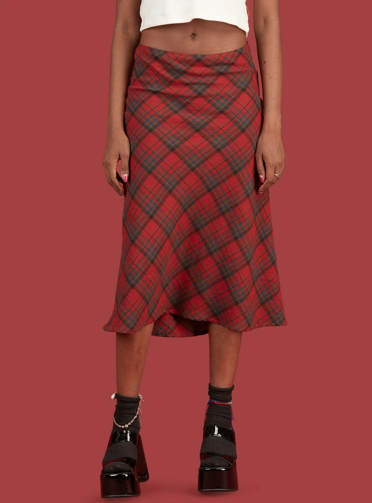 Vintage 90s Plaid High Waist Brown Midi Skirt - Y2K Aesthetic, Grunge Style, Coquette Fashion