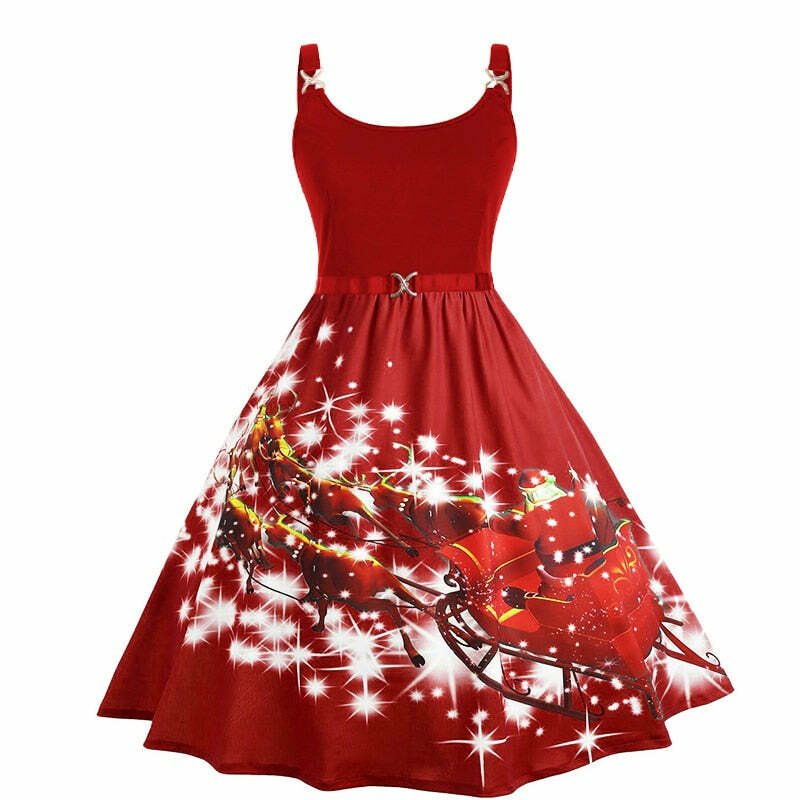 Vintage Christmas Print Sleeveless High Waist Swing Dress - Y2K Aesthetic Party Style