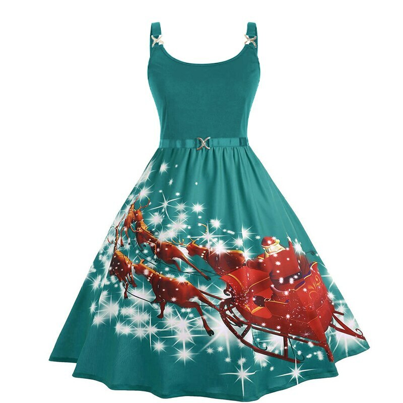 Vintage Christmas Print Sleeveless High Waist Swing Dress - Y2K Aesthetic Party Style