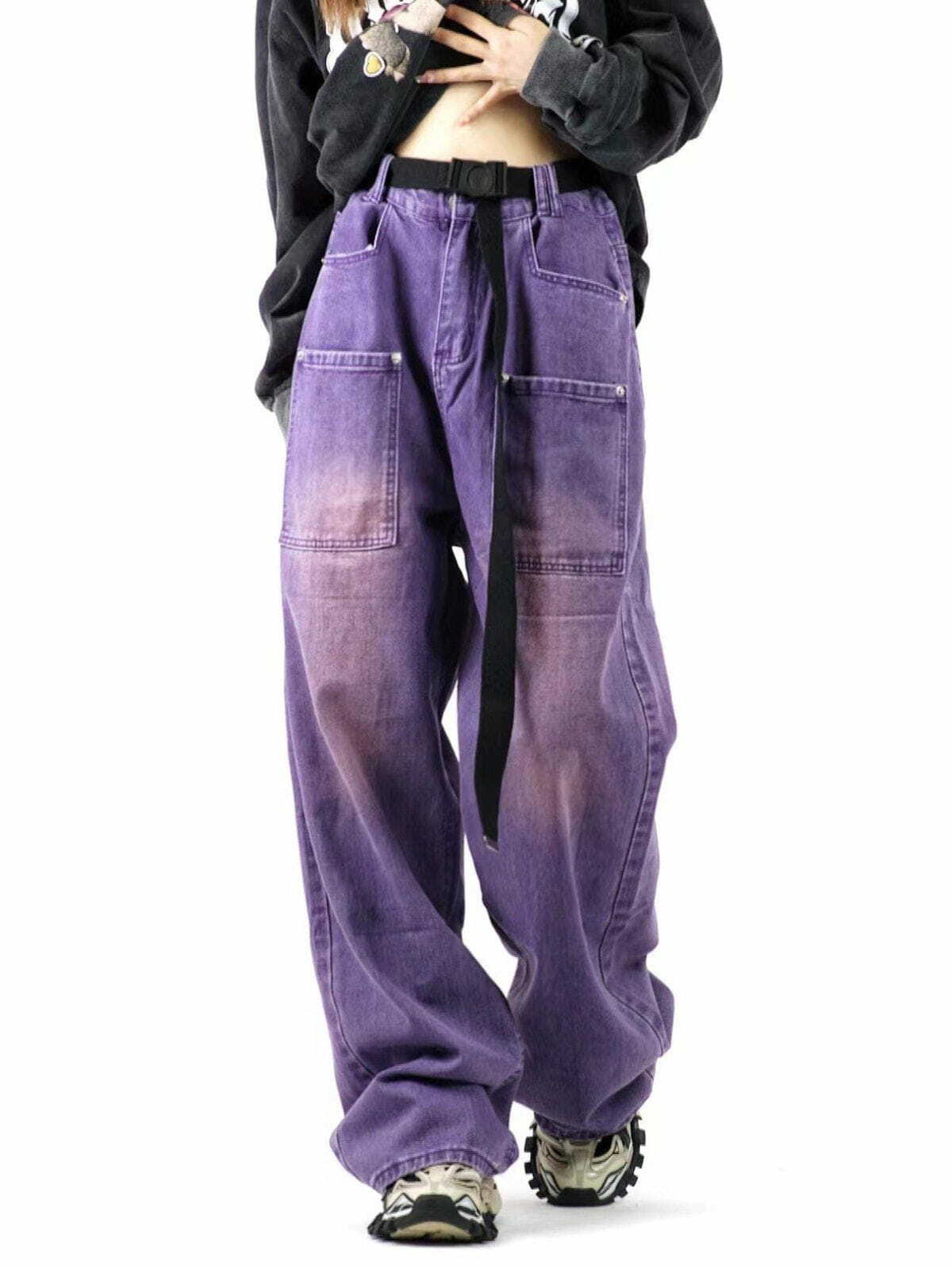 Vintage Distressed Y2K Large Pocket Jeans for Grunge Aesthetic and Coquette Style