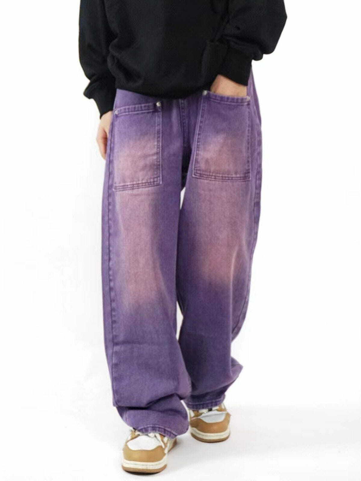 Vintage Distressed Y2K Large Pocket Jeans for Grunge Aesthetic and Coquette Style