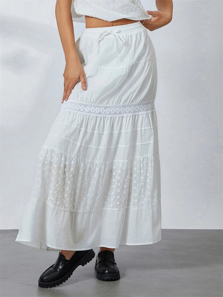 Vintage Lace Patchwork Bohemian Midi Skirt - Y2K Aesthetic, Flowy Beachwear with Embroidery