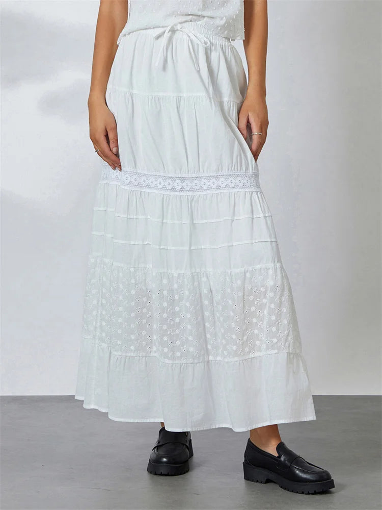 Vintage Lace Patchwork Bohemian Midi Skirt - Y2K Aesthetic, Flowy Beachwear with Embroidery