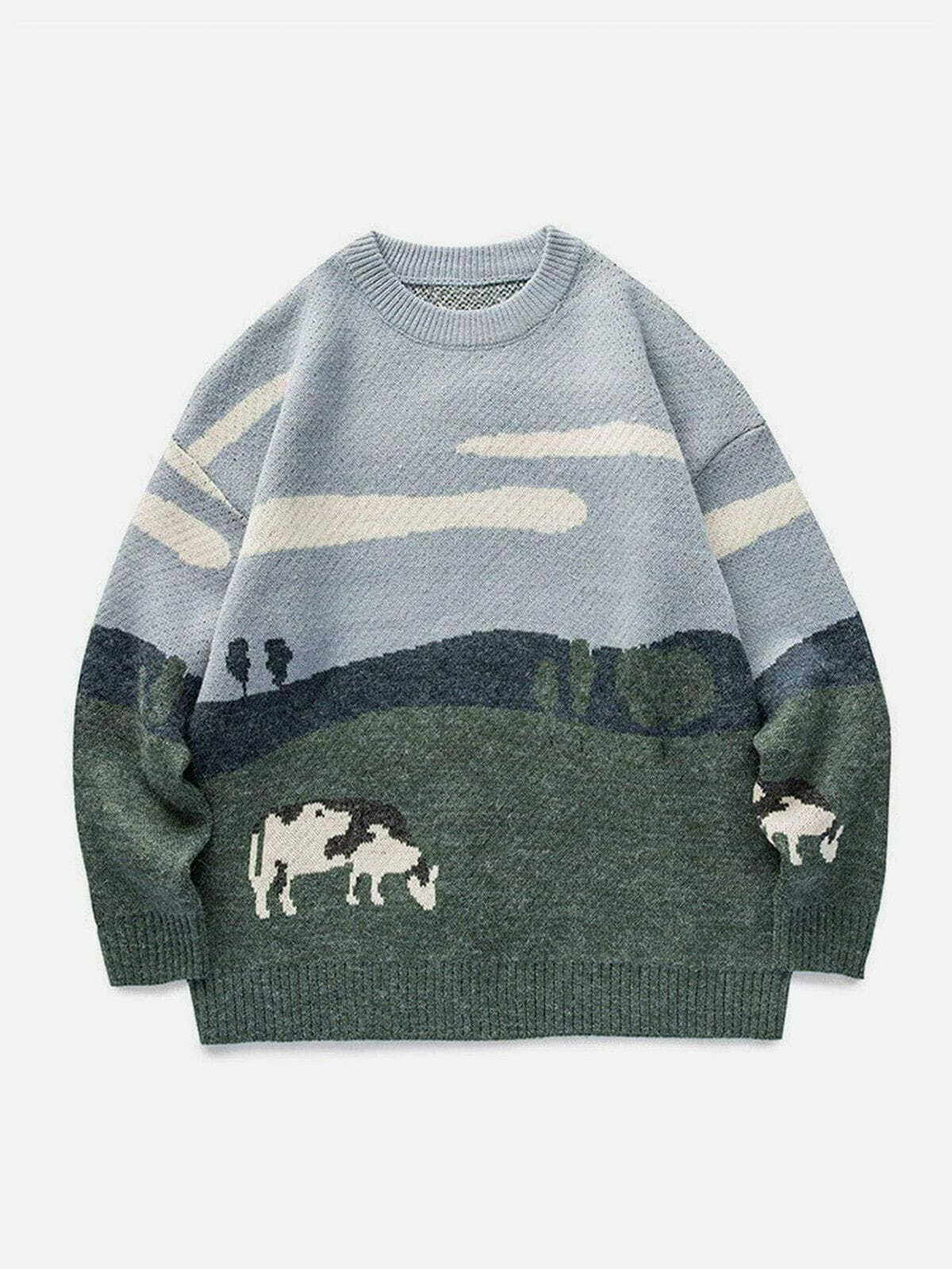 Vintage Prairie Cow Print Y2K Aesthetic Sweater - Cute Comfy Streetwear Top