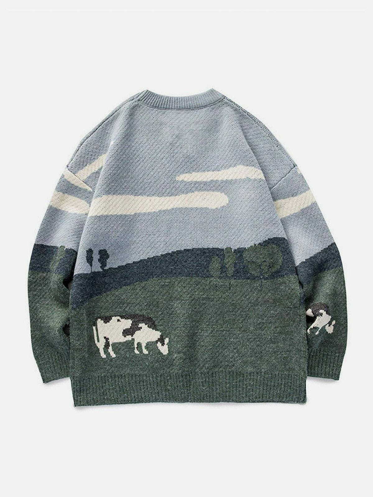 Vintage Prairie Cow Print Y2K Aesthetic Sweater - Cute Comfy Streetwear Top