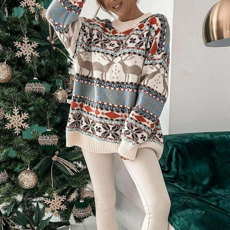 Y2K Aesthetic Casual O Neck Long Sleeve Pullover Christmas Sweater for Cozy Vibes