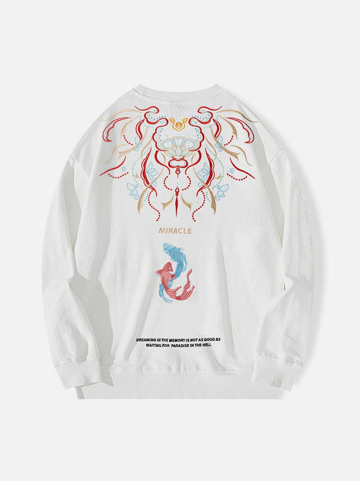 Y2K Aesthetic Embroidered Brocade Carp Sweatshirt - Cute Grunge Style Top for Cozy Vibes