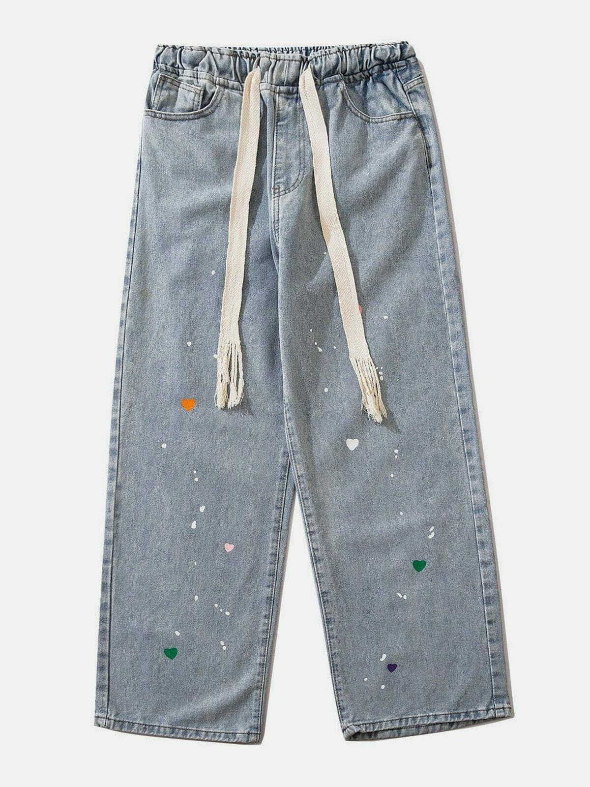 Y2K Aesthetic Inkjet Heart Jeans - Cute Grunge Style with Pastel Goth Vibes