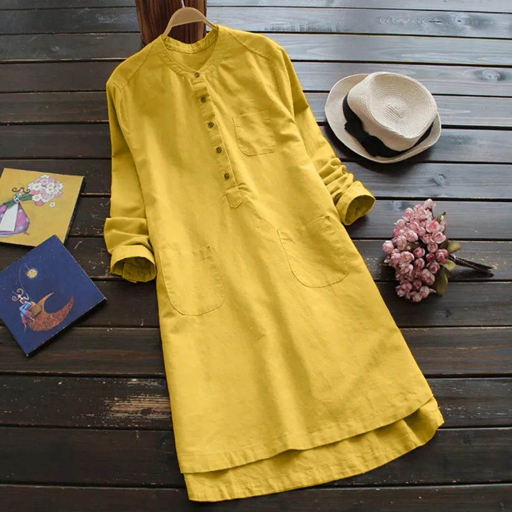 Y2K Aesthetic Long Sleeve Tunic Shirt with Pocket - Casual Retro Linen Cotton Dress