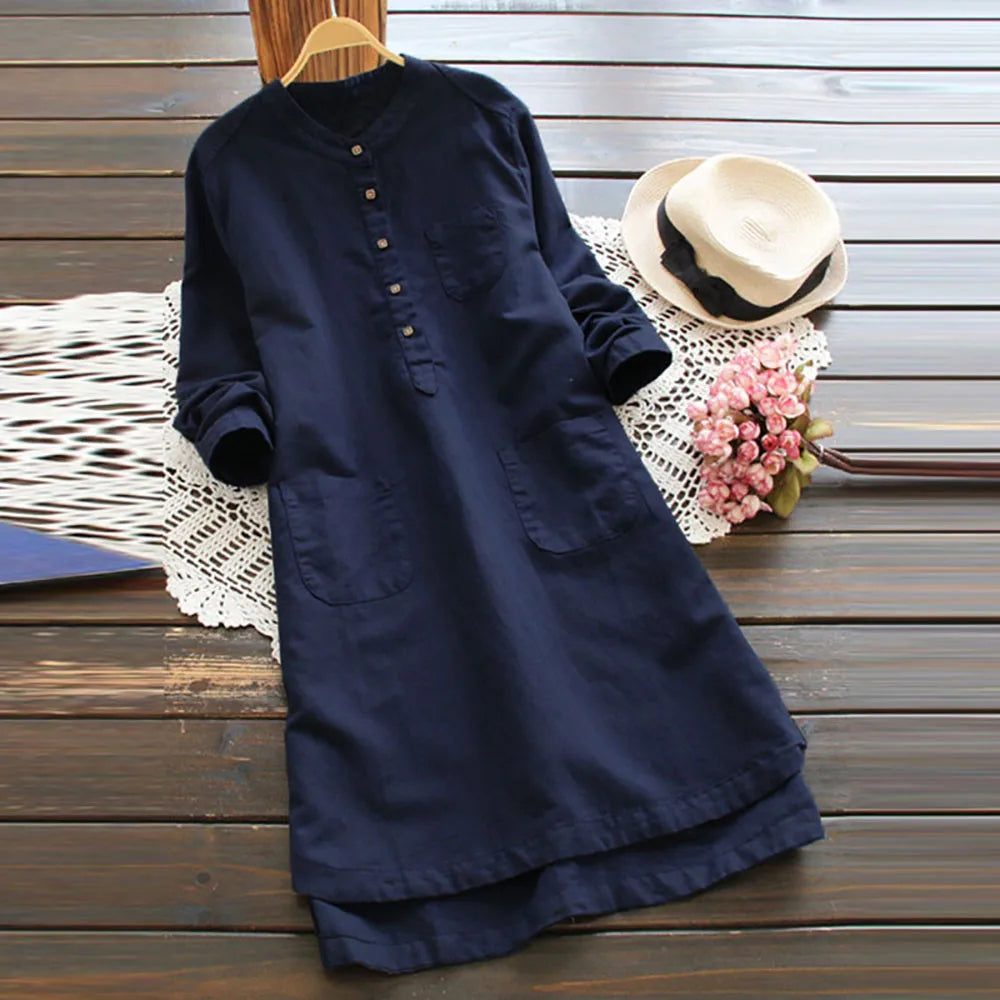 Y2K Aesthetic Long Sleeve Tunic Shirt with Pocket - Casual Retro Linen Cotton Dress