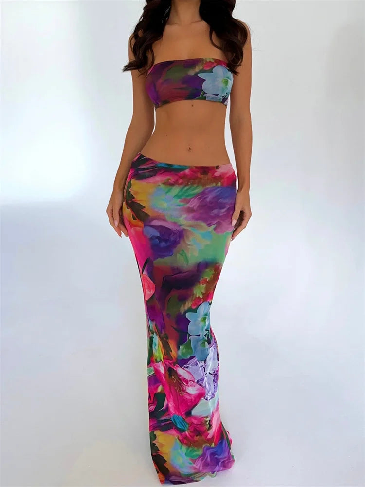 Y2K Aesthetic Off-Shoulder Print Top & Long Skirt Set - Cute Coquette & Grunge Style