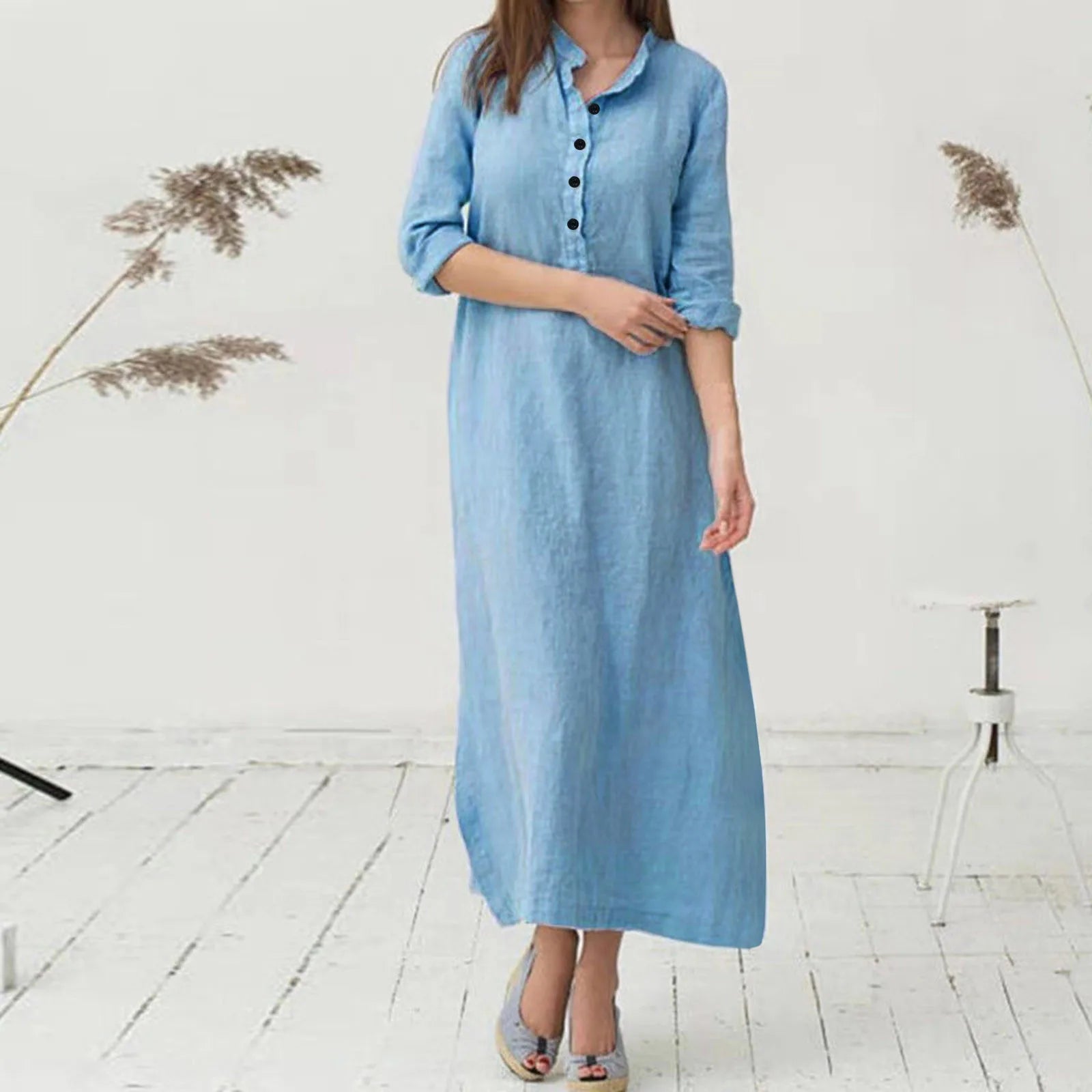 Y2K Aesthetic Oversized Cotton Kaftan Dress - Casual Long Sleeve Maxi Shirt for Chic Style