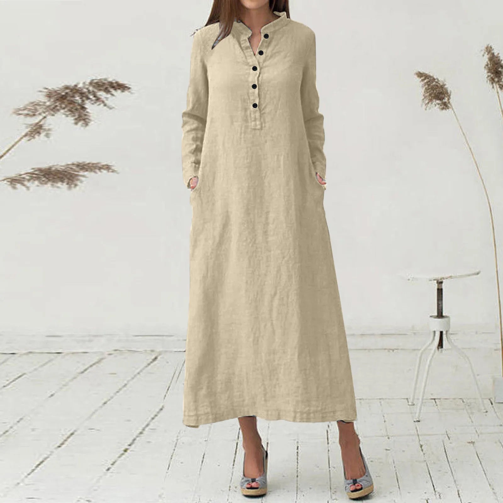 Y2K Aesthetic Oversized Cotton Kaftan Dress - Casual Long Sleeve Maxi Shirt for Chic Style