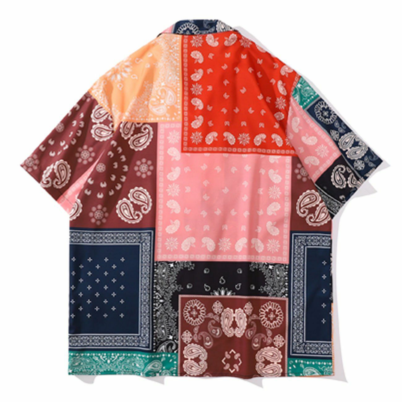 Y2K Aesthetic Panel Pattern Bandana Short Sleeve Shirt - Cute Tops for Grunge & Coquette Style