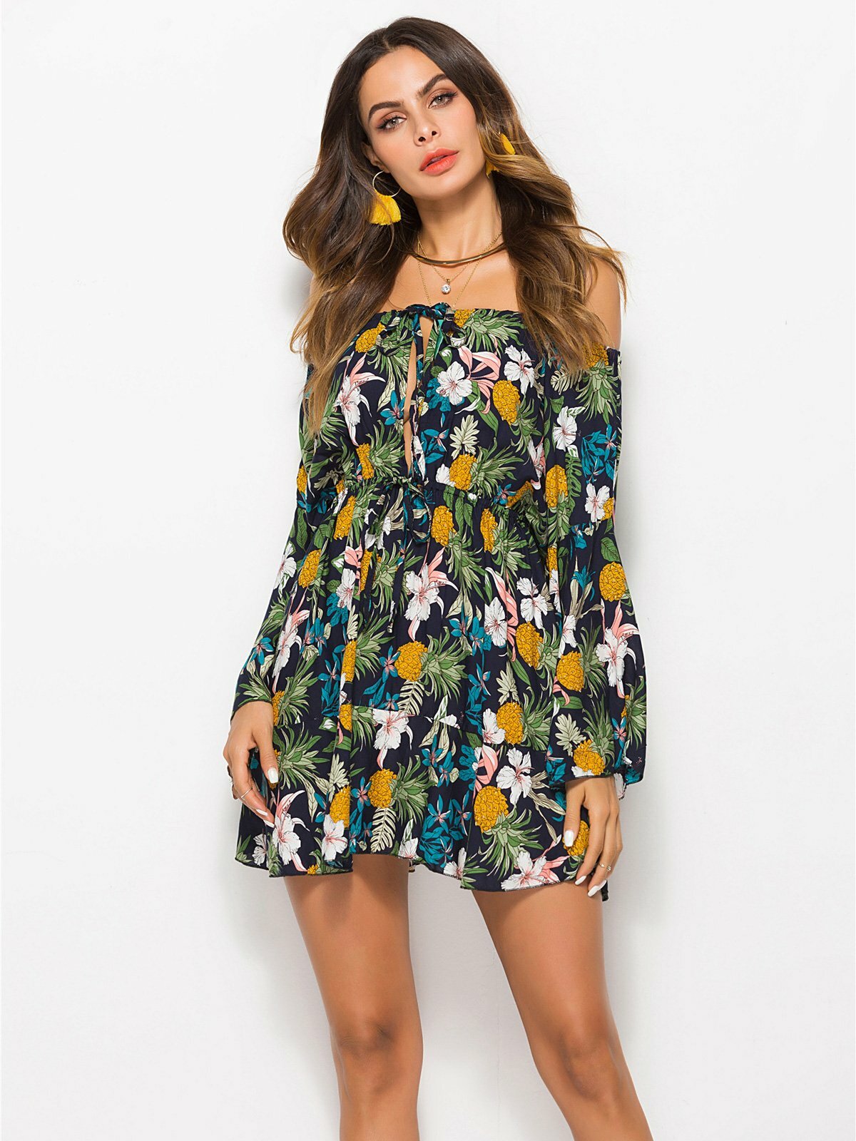 Y2K Aesthetic Pineapple Print Floral Mini Dress - Cute Coquette Style for Summer Vibes