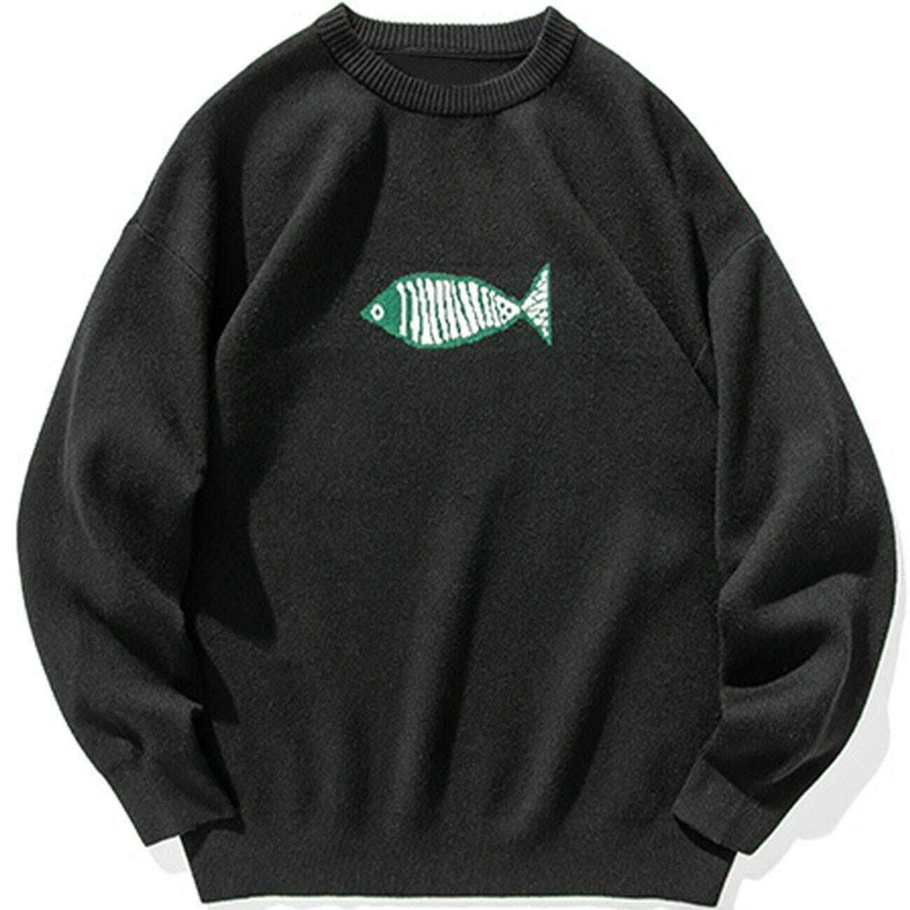 Y2K Aesthetic Small Fish Embroidery Knit Sweater - Cute Cozy Top for Grunge & Coquette Styles