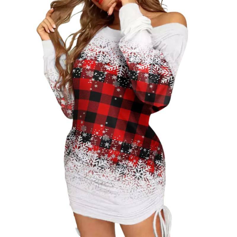 Y2K Aesthetic Snowflake Plaid Bodycon Dress with Drawstring - Cute Winter Fashion