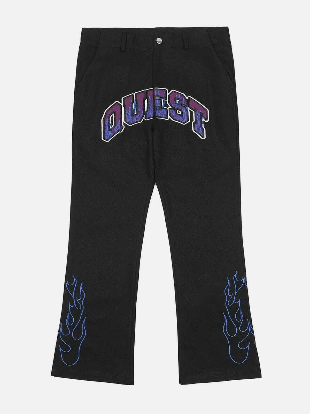 Y2K Aesthetic Solid Color Flame Embroidery Pants for Grunge and Coquette Styles