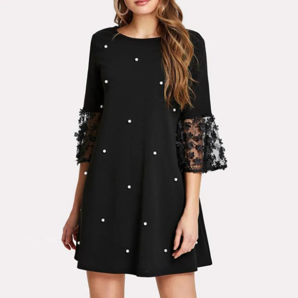 Y2K Aesthetic Solid Dots O-Neck Mesh Lace Long Sleeve Dress - Cute Casual Summer Style