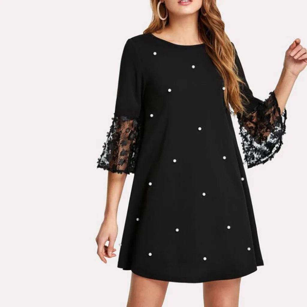 Y2K Aesthetic Solid Dots O-Neck Mesh Lace Long Sleeve Dress - Cute Casual Summer Style