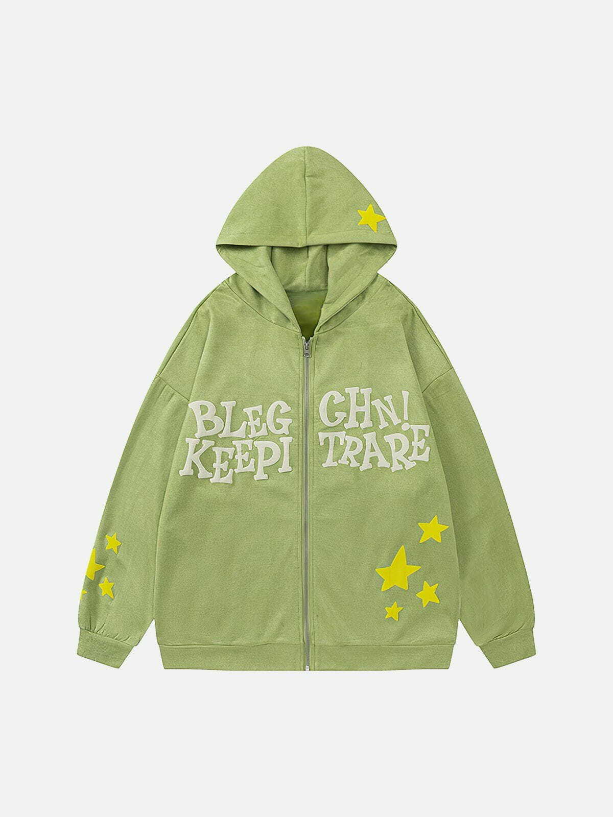 Y2K Aesthetic Star Letter Foam Print Zip Hoodie - Cute Comfy Layer for Grunge & Coquette Styles