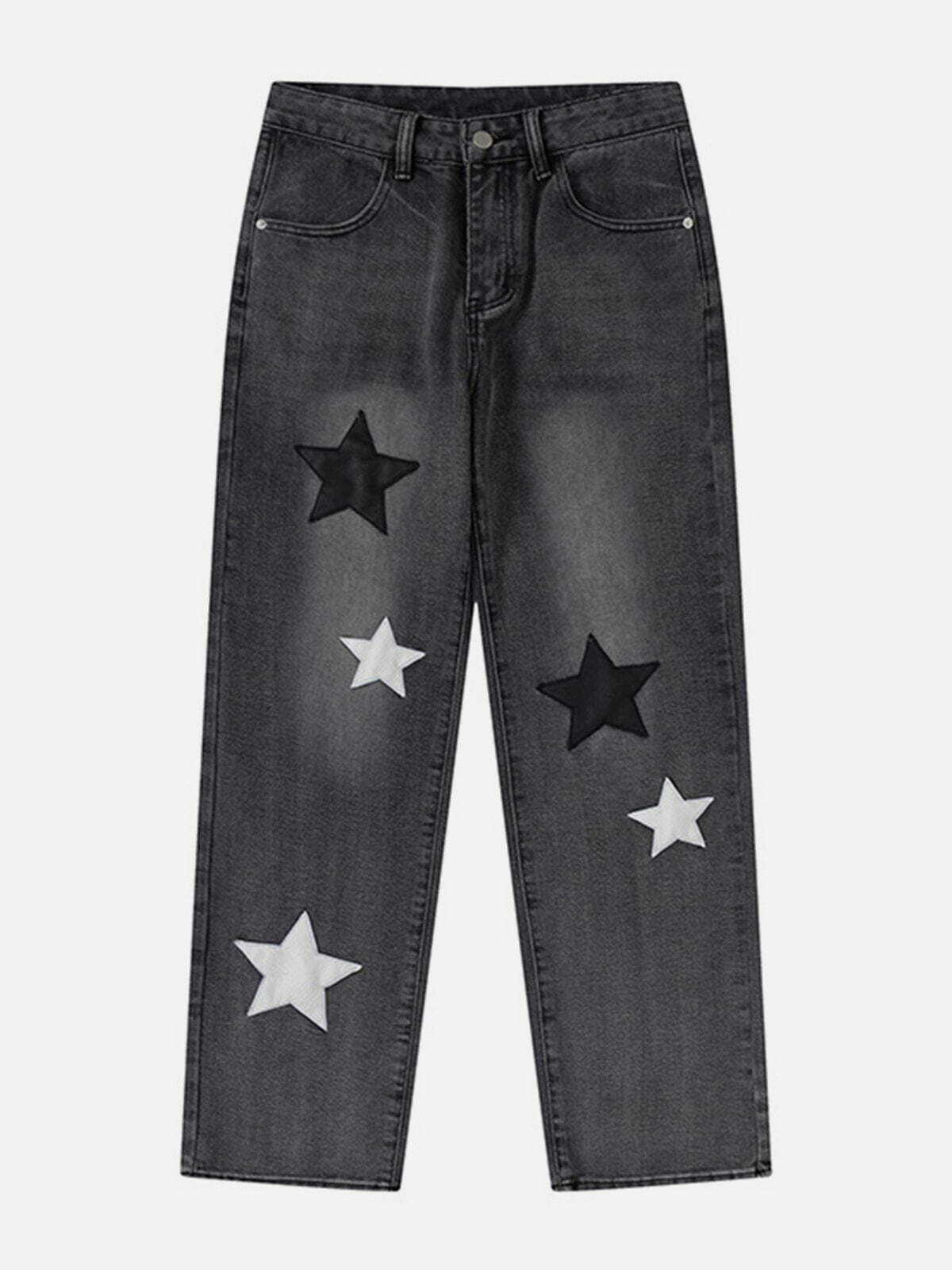 Y2K Aesthetic Star Patchwork Color Jeans - Grunge Style with Cute Pastel Vibes