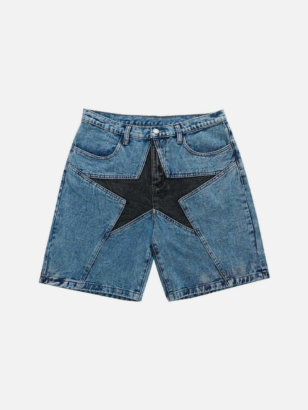 Y2K Aesthetic Star Patchwork Denim Shorts - Cute Grunge Style for Trendy Outfits