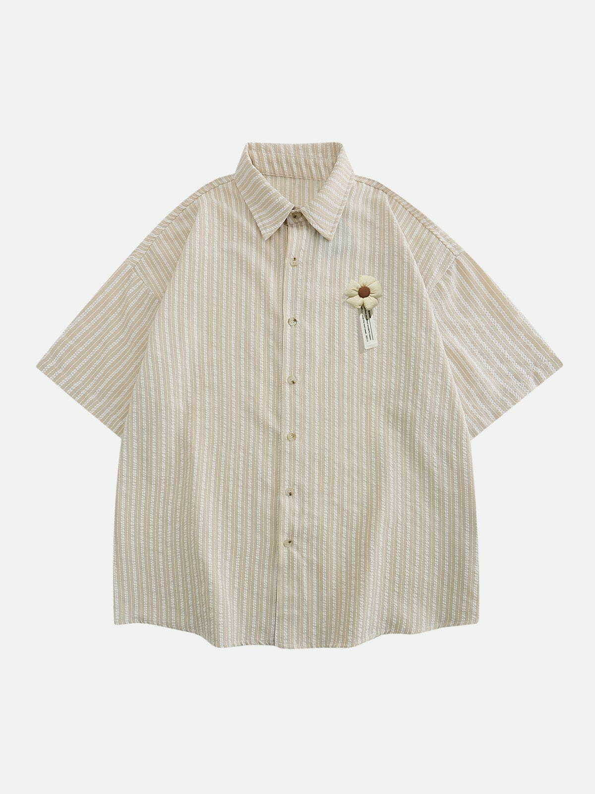 Y2K Aesthetic Striped Short Sleeve Shirt with Small Flower Pendant - Cute & Comfy Top