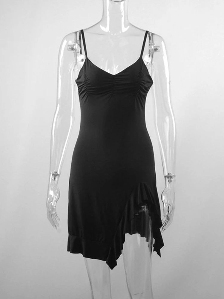 Y2K Backless Black Mini Dress - Sexy Sleeveless Streetwear with Split Design for Aesthetic Vibes