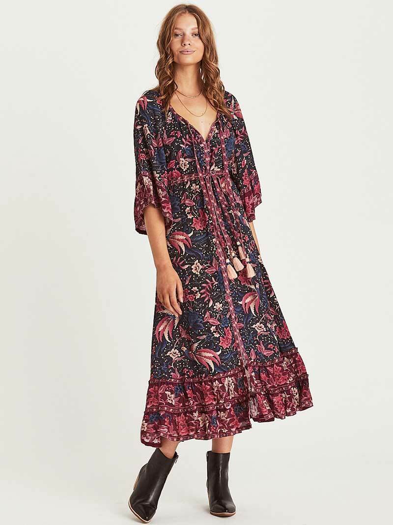 Y2K Bohemian Maxi Dress with Flare Sleeves - Vintage Aesthetic for Coquette & Grunge Styles