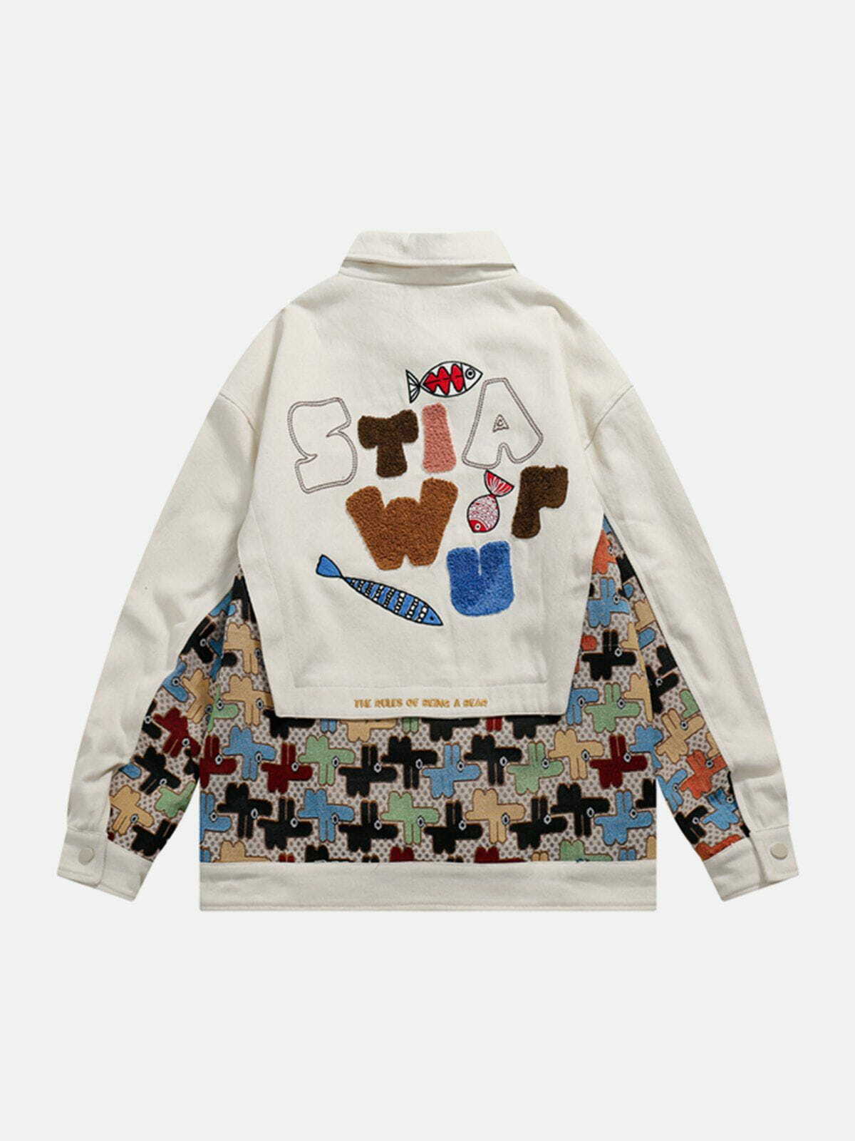 Y2K Cartoon Print Patchwork Jacket - Cute Aesthetic Layering for Coquette & Grunge Styles