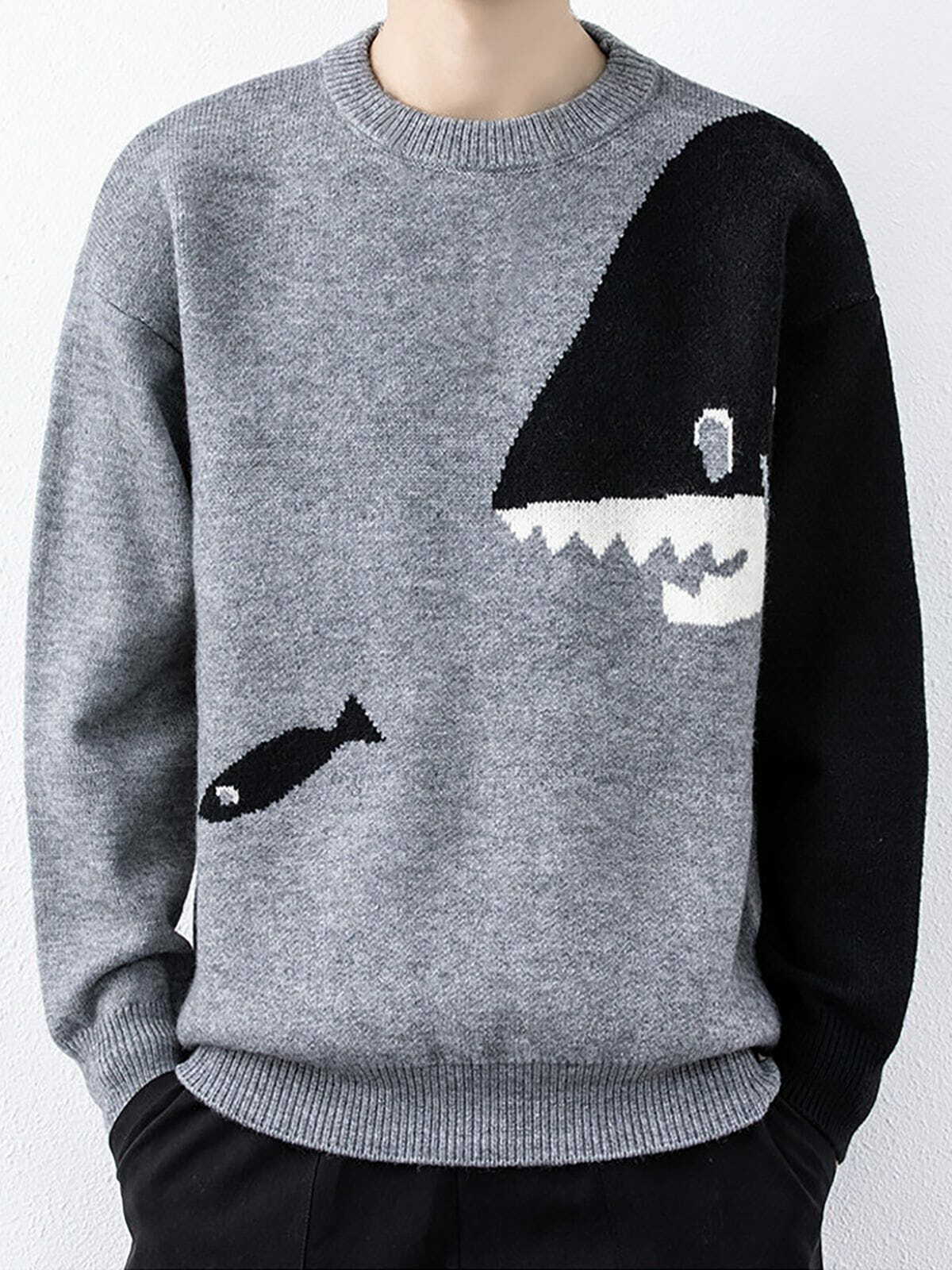 Y2K Cartoon Shark Sweater - Cute Pastel Goth Aesthetic for Comfy Fall Outfits