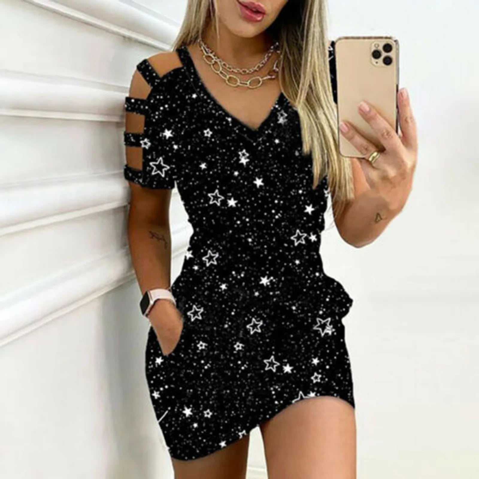 Y2K Cold Shoulder Mini Dress with Star Print, Casual V-Neck & Pockets for Coquette Aesthetic