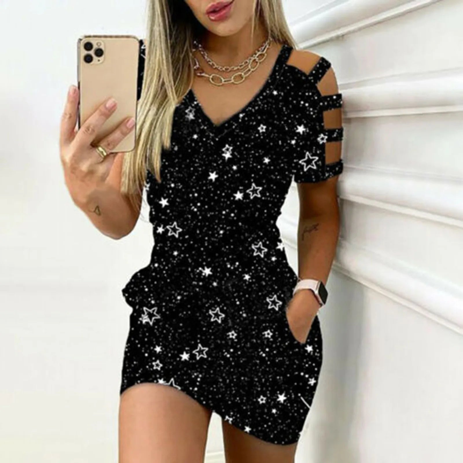 Y2K Cold Shoulder Mini Dress with Star Print, Casual V-Neck & Pockets for Coquette Aesthetic