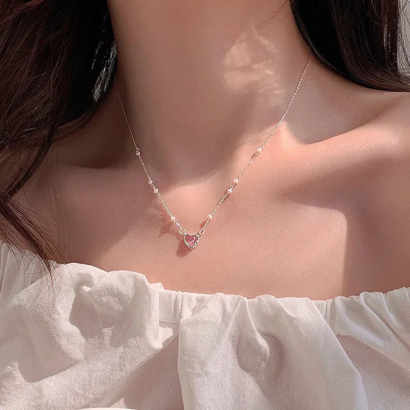 Y2K Coquette Aesthetic Pink Heart Crystal Necklace - Cute Jewelry for Grunge & Soft Girls