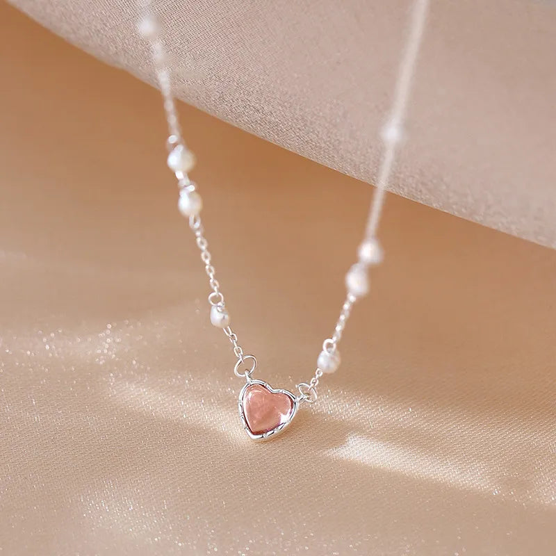 Y2K Coquette Aesthetic Pink Heart Crystal Necklace - Cute Jewelry for Grunge & Soft Girls