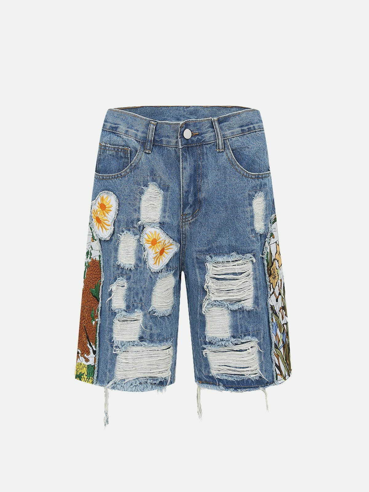 Y2K Distressed Denim Shorts - Cute Grunge Aesthetic with Floral Accents for Trendy Outfits