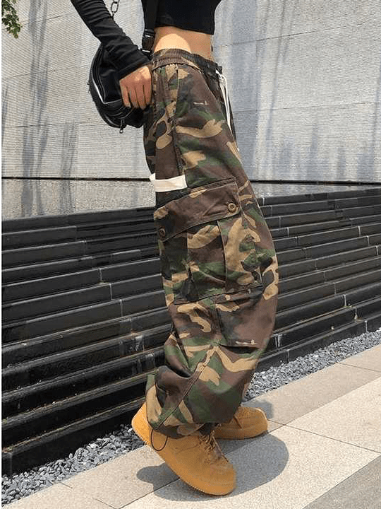 Y2K Fashion Camouflage Cargo Pants - Grunge Aesthetic Bind Feet Style for Trendy Looks